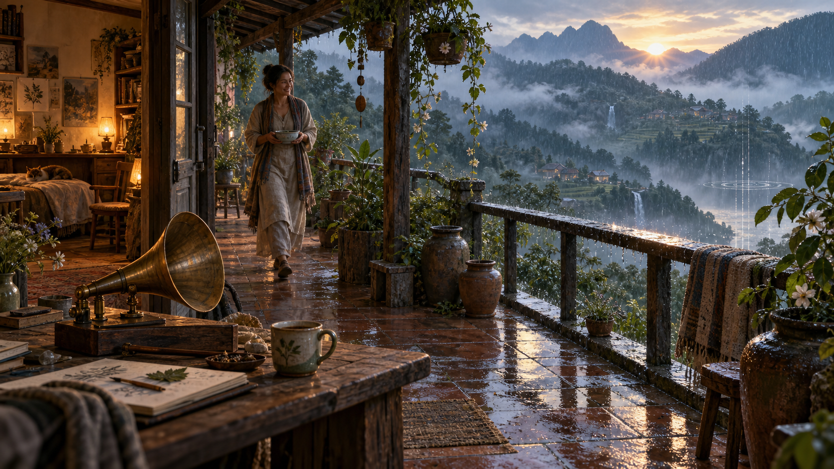 Concept of a handmade terrace, warm artist’s room and a neighbor overlooking a misty landscape at first light